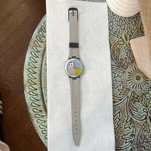 NWOT Swatch BOOM BOOM Silver Wearable Watch w/ Colorful Soccer themed Dial